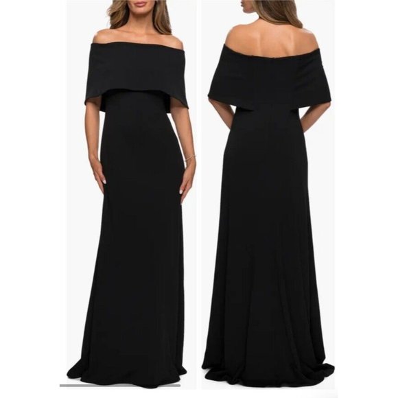LA FEMME Womens Size 10 OFF THE SHOULDER GOWN JERSEY maxi DRESS Gown BLACK 28209 - Picture 1 of 9